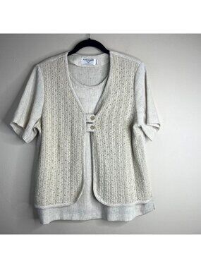 Vintage Top Women 14 Petite Faux 2 PC Linen Style Crochet Neutral Capsule Travel